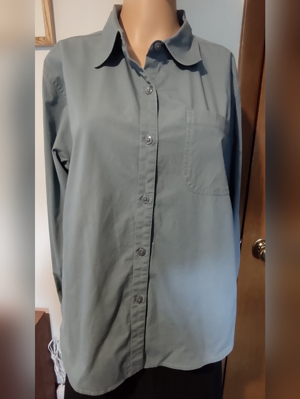 CHEROKEE Women's Large BLUE Long Sleeve Cotton Blend Front Button Blouse Shirt